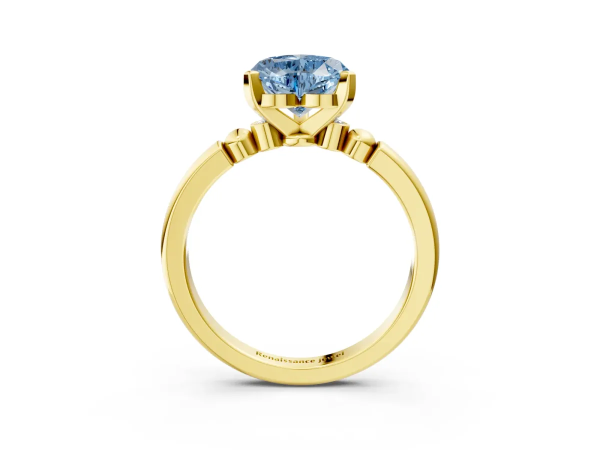 Fancy Blue Heart Cut Solitaire Beaded Band with Four-Prong Setting Yellow gold