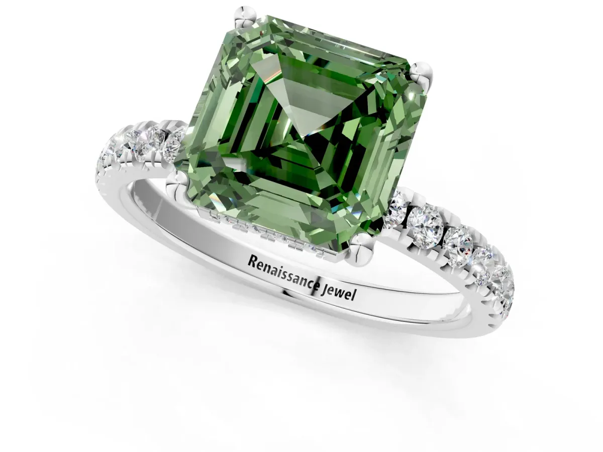Fancy Green Asscher Cut Diamond Pave Band Solitaire Ring with Round and Prong Setting Platinum