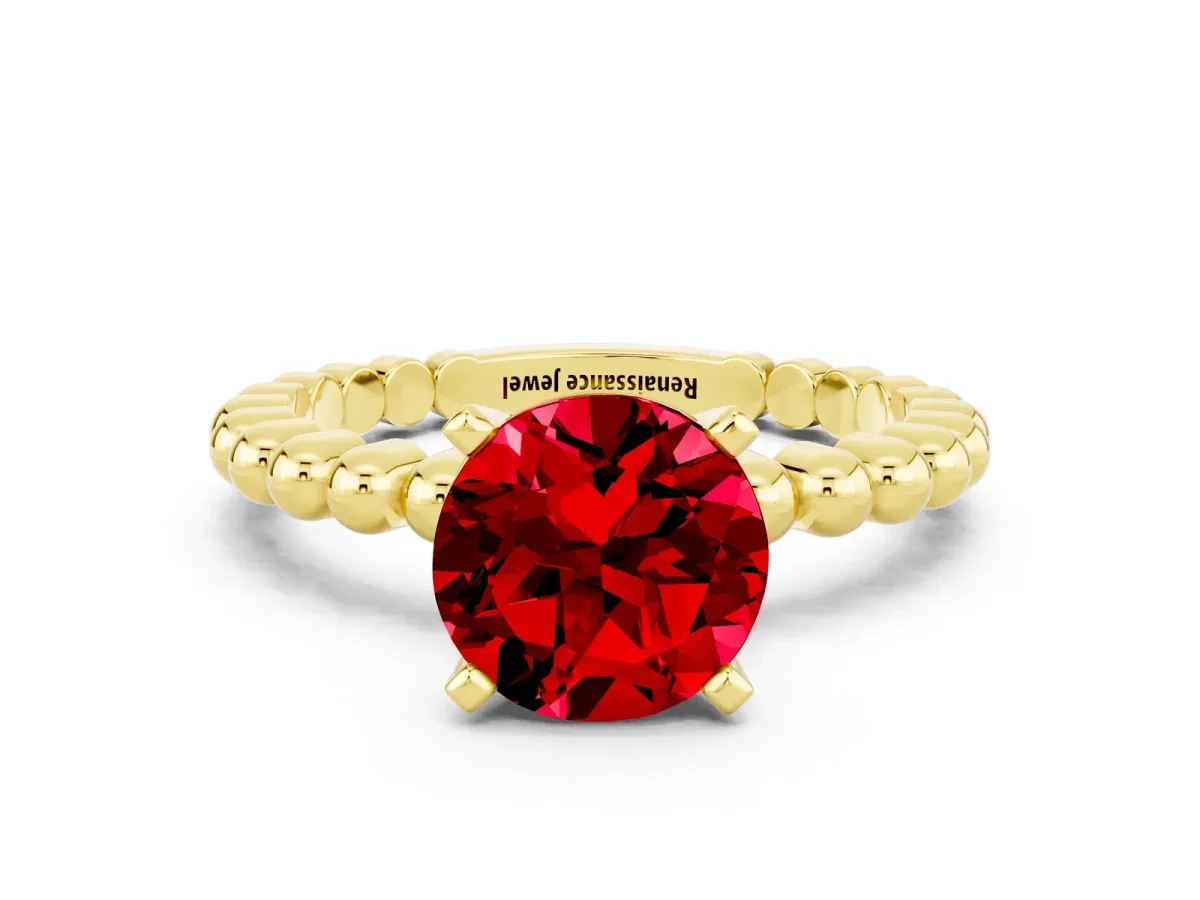 Round Cut Ruby Solitaire Ring with Beaded Band and Prong Setting Yellow gold