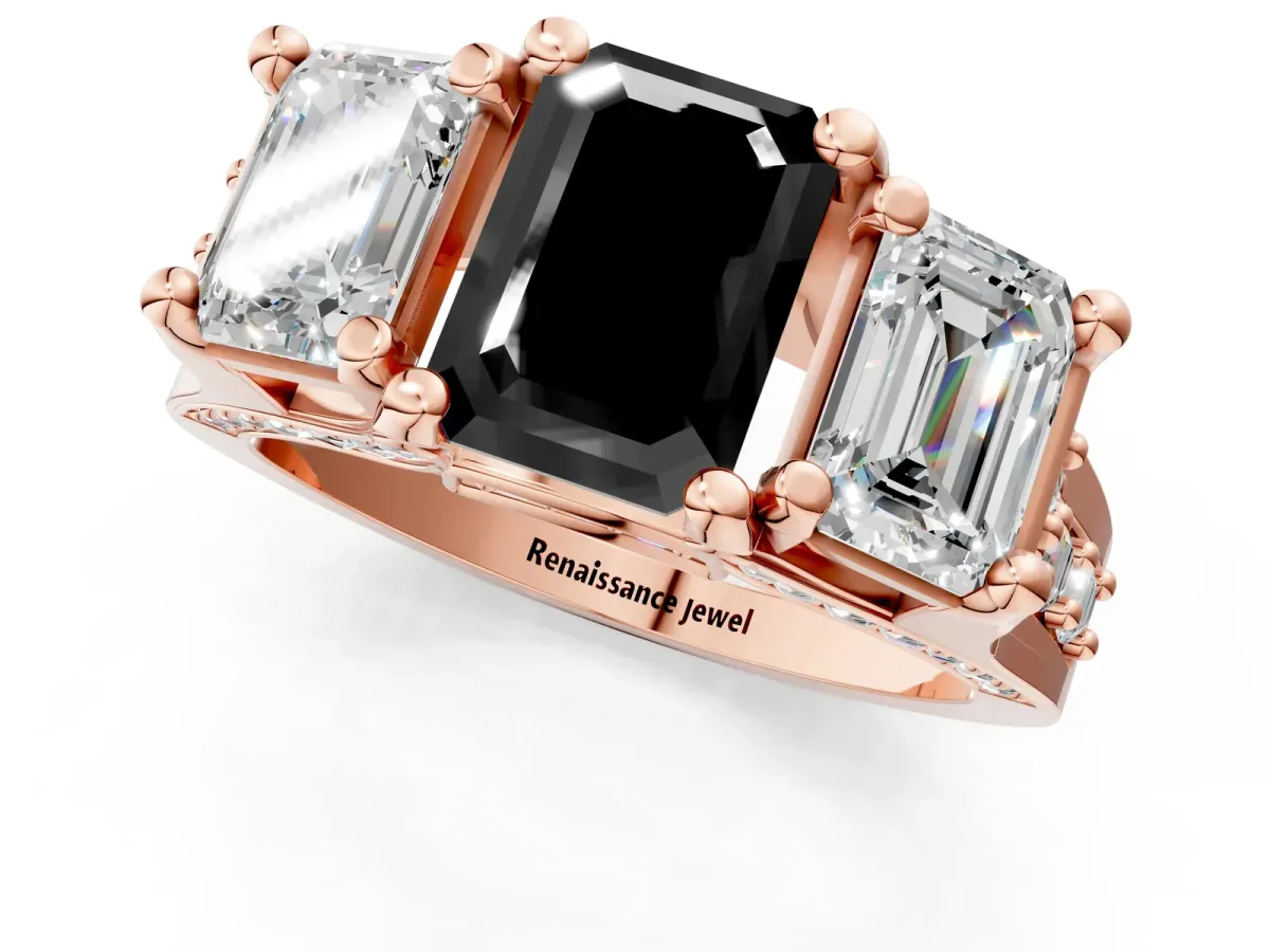 Fancy Black Emerald Cut Diamond Three-Stone Ring with Channel Set Band and Four-Prong Setting Rose gold