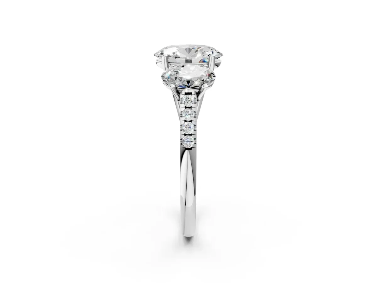 Three-Stone Oval Cut Diamond Ring with Round Moissanite Pavé Band and Prong Setting Silver