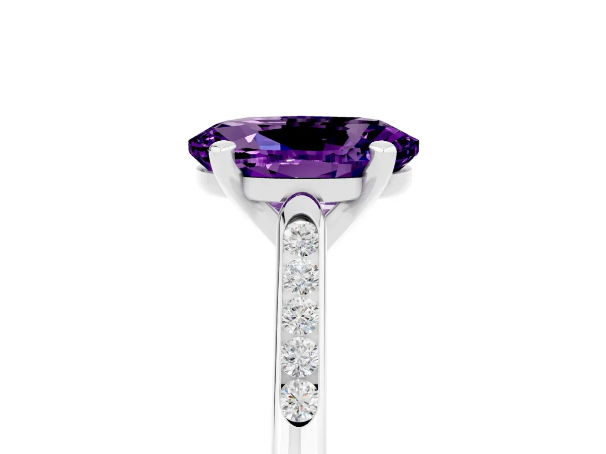 Oval Cut Amethyst Solitaire Ring with Channel Set Round Band and Prong Setting Silver