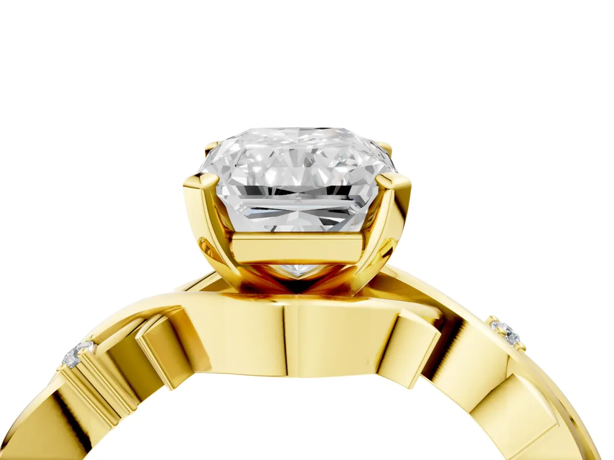 Radiant Cut Diamond Solitaire Ring with Twisted Band and Prong Setting Yellow gold