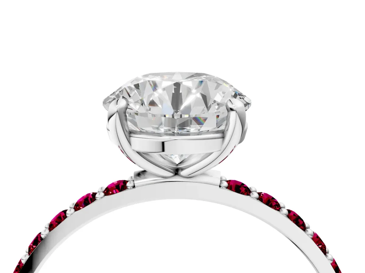 Round Cut Diamond Solitaire Ring with Round Garnet Pavé Band and Prong Setting Silver