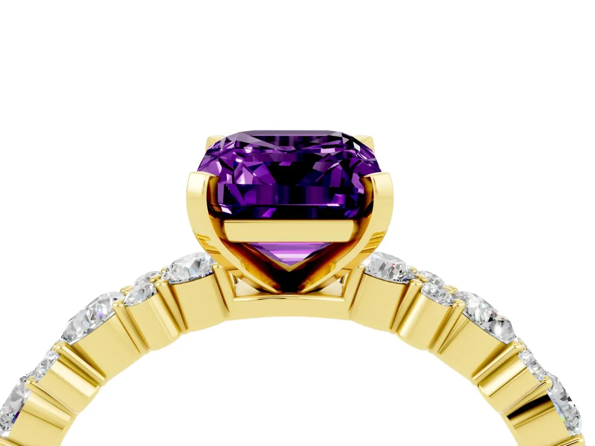 Emerald Cut Amethyst Side Stone Solitaire Ring with Round and Four-Prong Setting Yellow gold