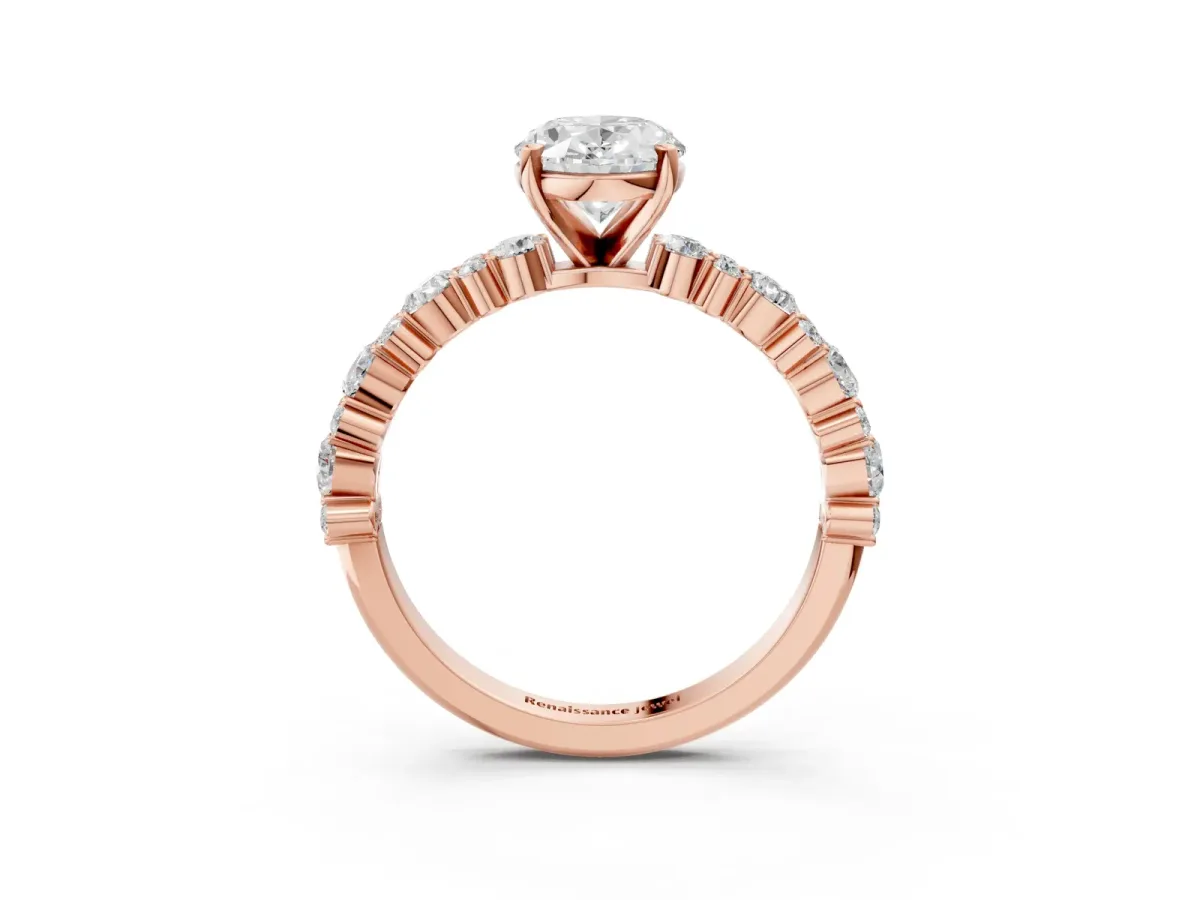 Oval Cut Diamond Side Stone Solitaire Ring with Round Moissanite and Four-Prong Setting Rose gold