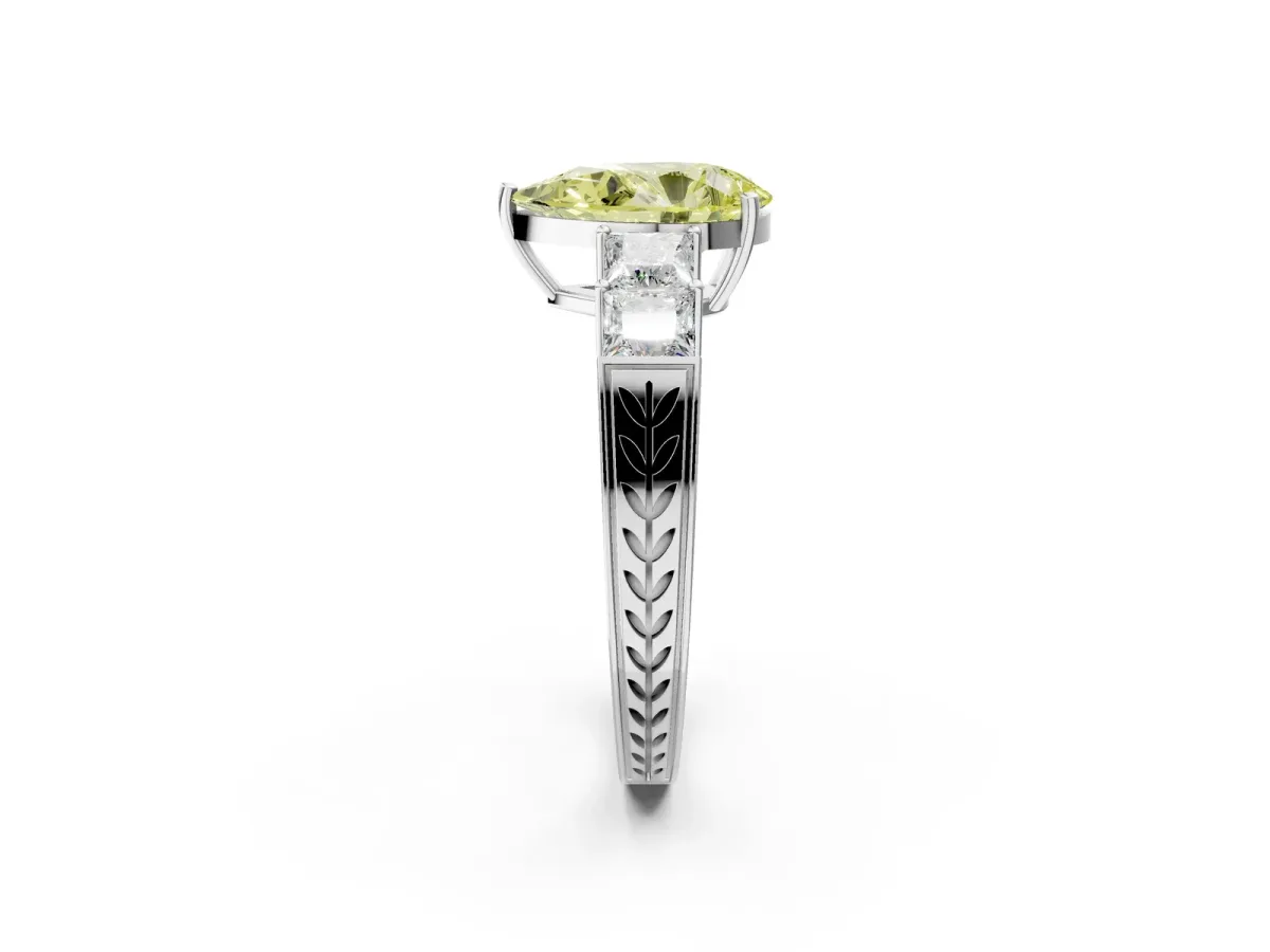 Fancy Yellow Pear Cut Solitaire Princess Side Stone Engraved Band Prong Setting Ring Platinum