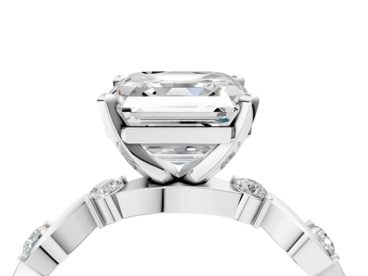 Asscher Cut Diamond Solitaire Twisted Band with Round Accents and Prong Setting Silver