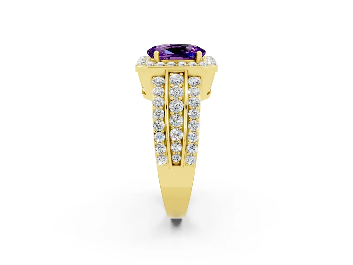 Oval Cut Halo Amethyst Ring with Round Split Shank and Prong Setting Yellow gold