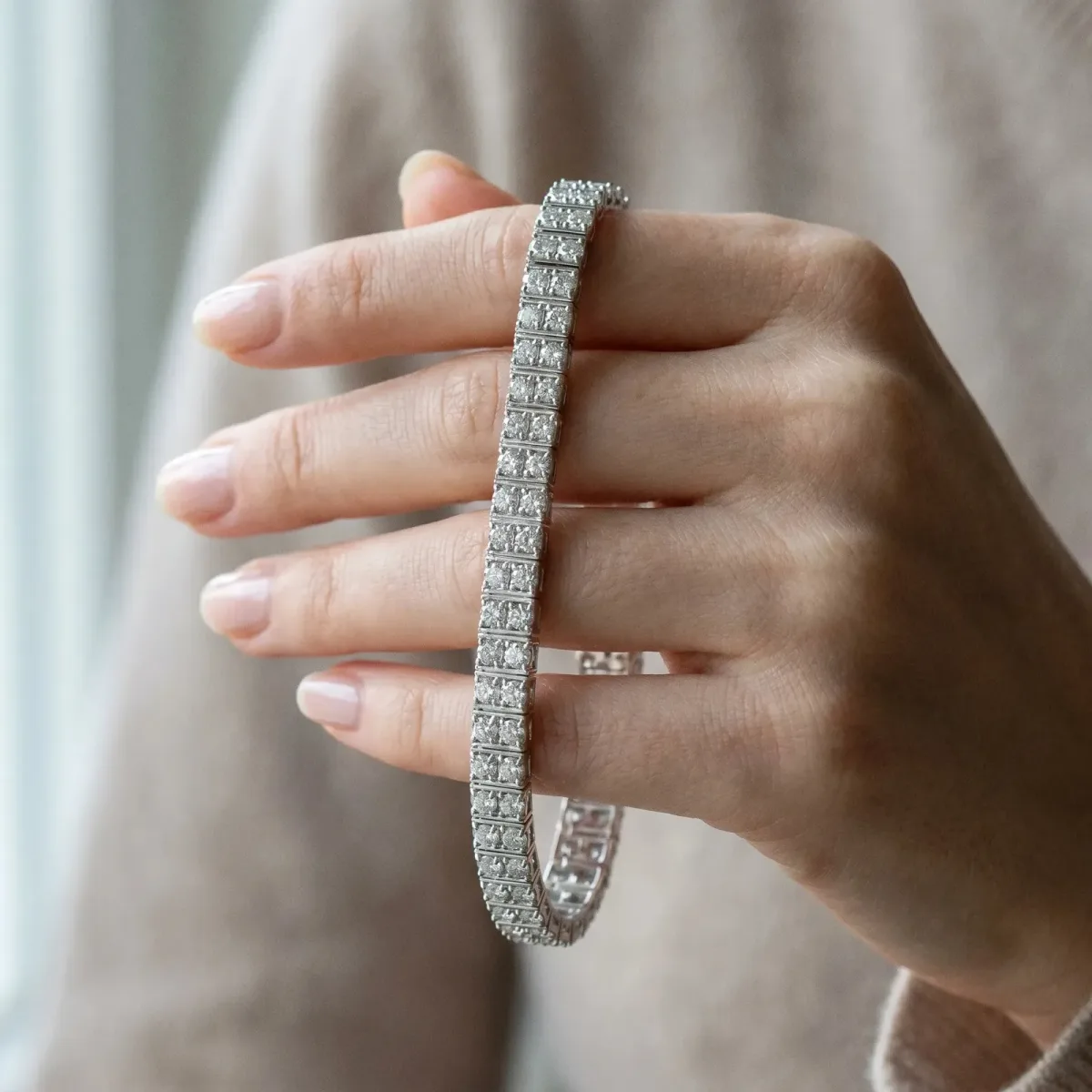 Three-Row Round Diamond Tennis Bracelet with Prong Setting White gold