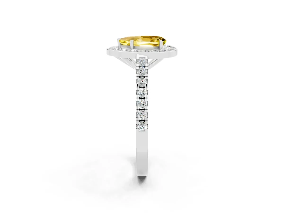 Pear Cut Yellow Sapphire Halo Ring with Round Pavé Split Shank and Prong Setting Platinum