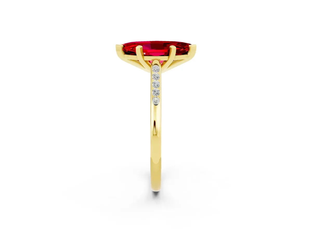 Marquise Cut Ruby Solitaire Ring with Channel Set Round Band and Prong Setting Yellow gold