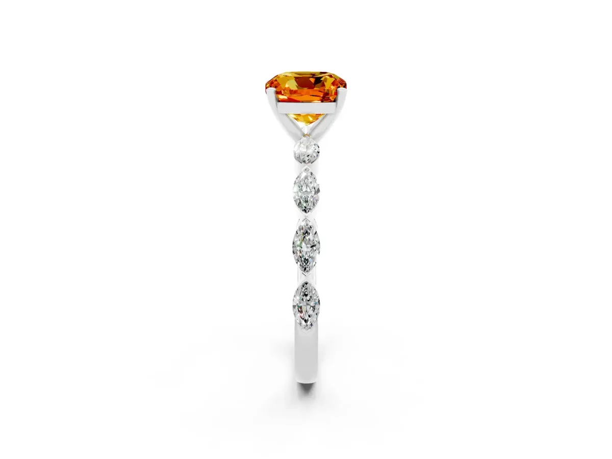 Cushion Cut Citrine Ring with Marquise Side Stones and Prong Setting Platinum