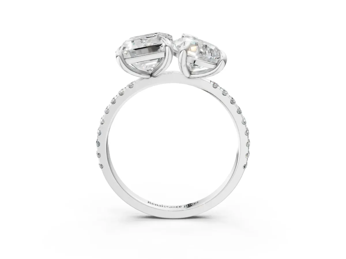 Pear and Emerald Toi Moi Ring with Prong Setting and Pave Band Silver
