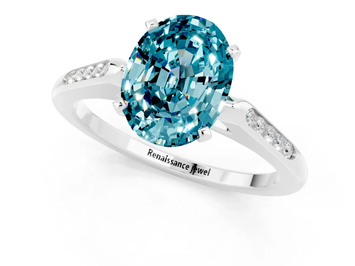 Oval Cut Blue Topaz Solitaire Ring with Channel Set Round Band and Prong Setting Silver