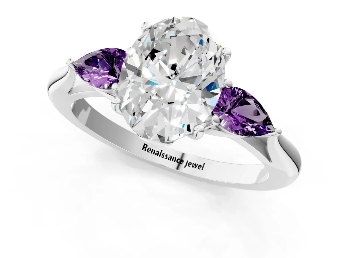 Oval Cut Diamond Three-Stone Ring with Pear Amethyst Side Stones and Prong Setting Silver