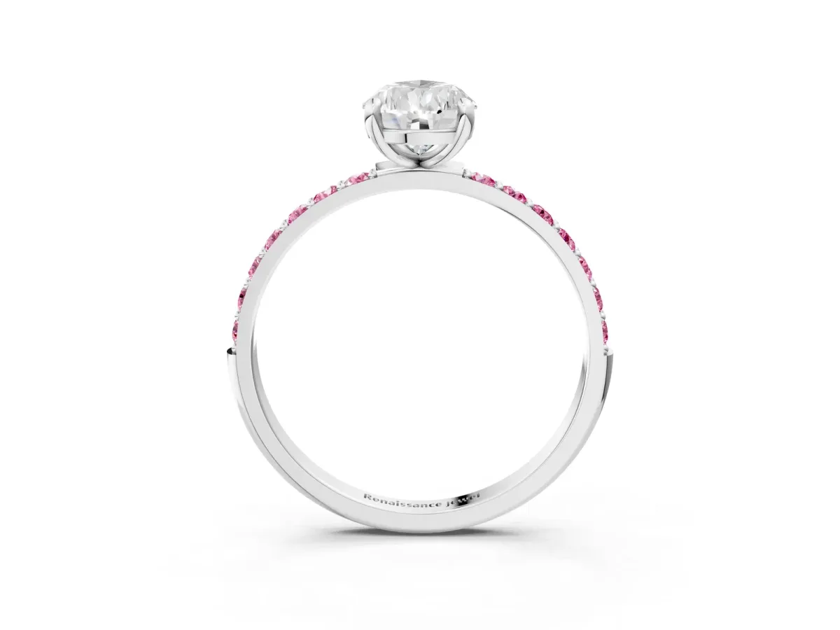 Pear Cut Diamond Solitaire Ring with Round Pink Sapphire Pavé Band and Prong Setting Silver