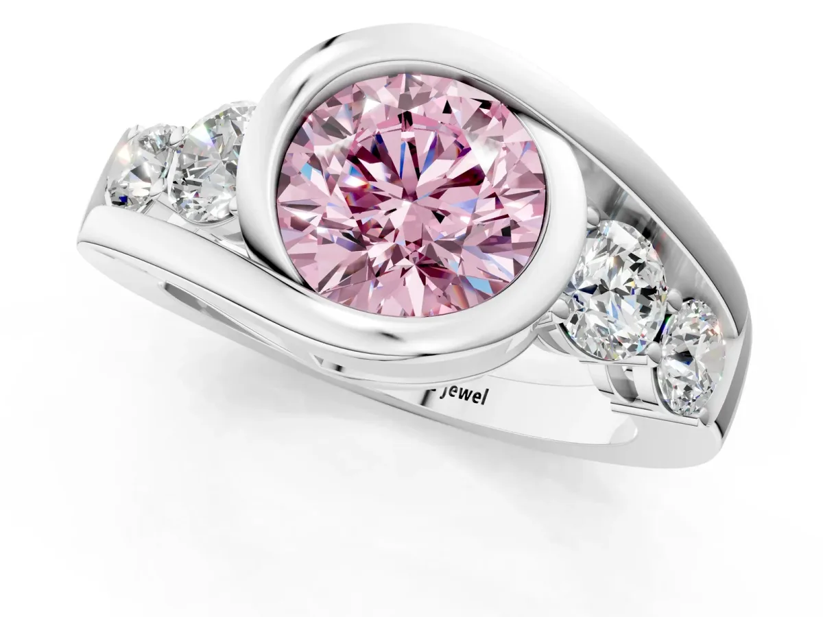 Fancy Pink Bezel Set Round Cut Diamond Bypass Ring with Round Accents Silver