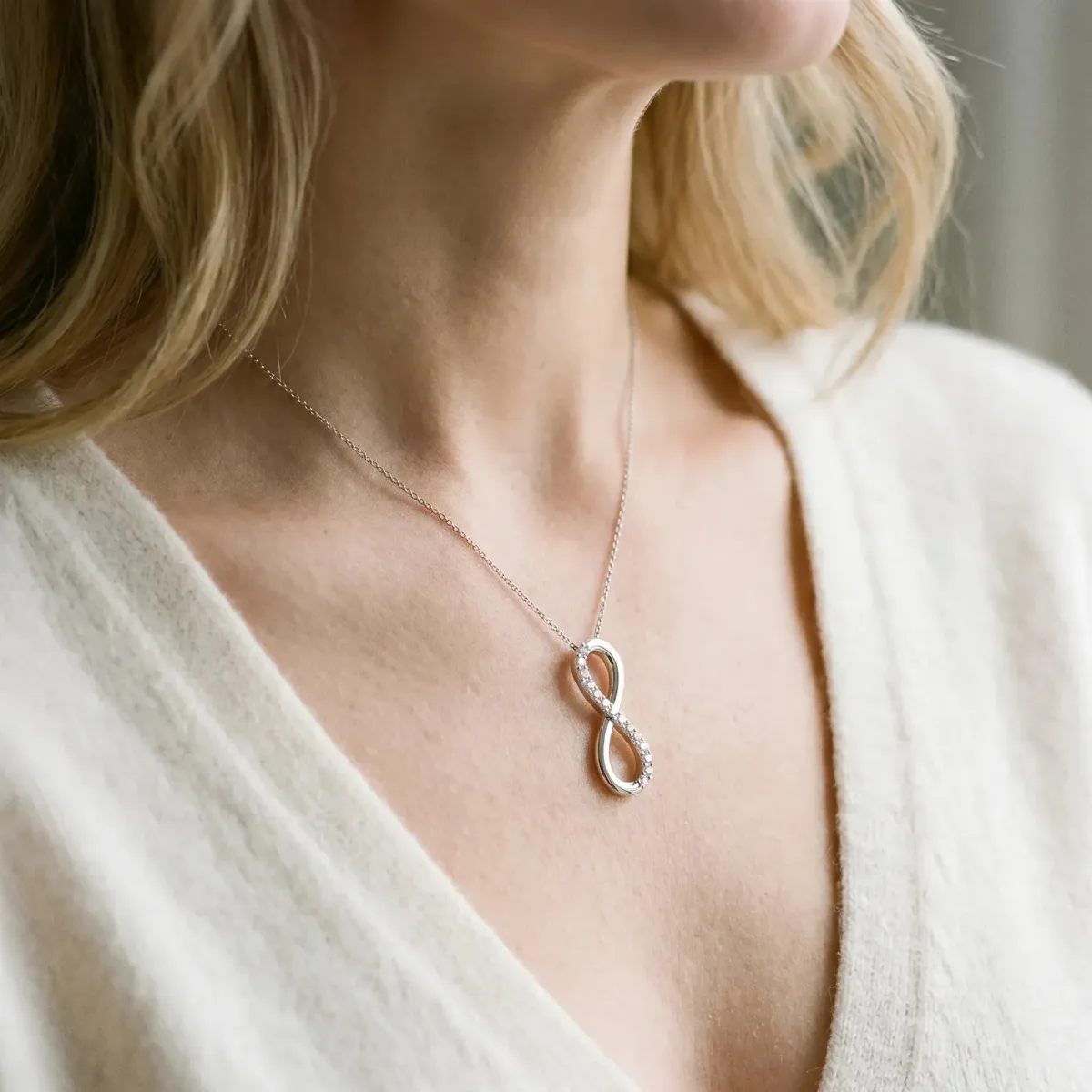 Infinity Pendant with Round Brilliant Diamonds in Pavé Setting White gold