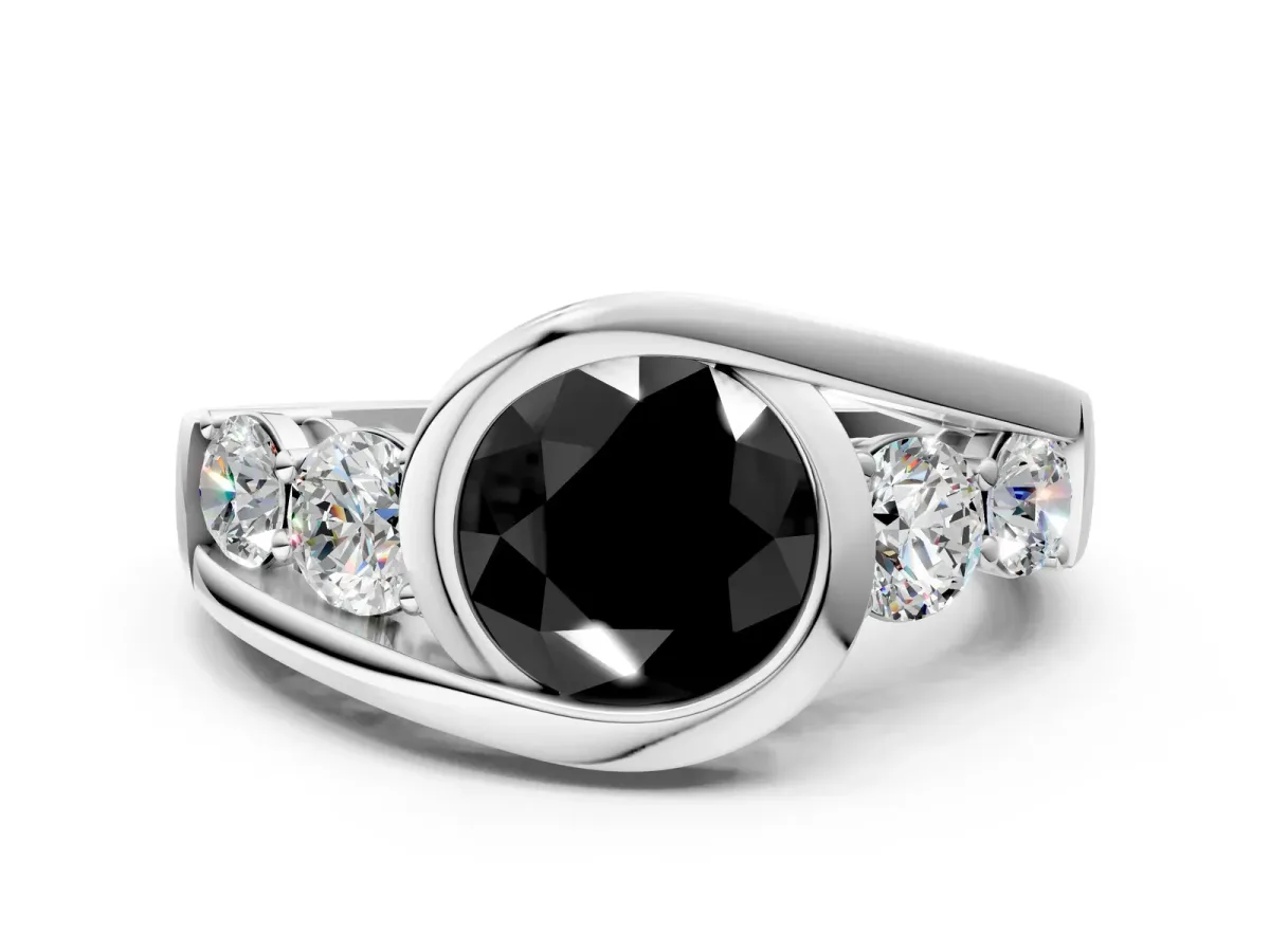 Fancy Black Bezel Set Round Cut Diamond Bypass Ring with Round Accents Platinum