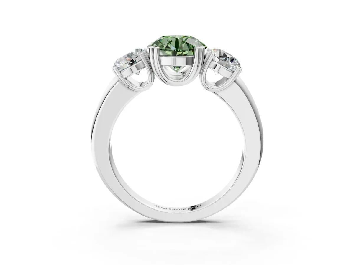 Fancy Green Three-Stone Round Cut Cut Diamond Ring with Channel Set Band and Four-Prong Setting Silver