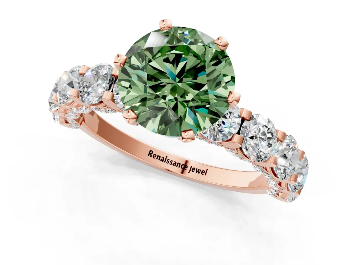 Fancy Green Round Cut Diamond Side Stone Engagement Ring with Four-Prong Setting Rose gold