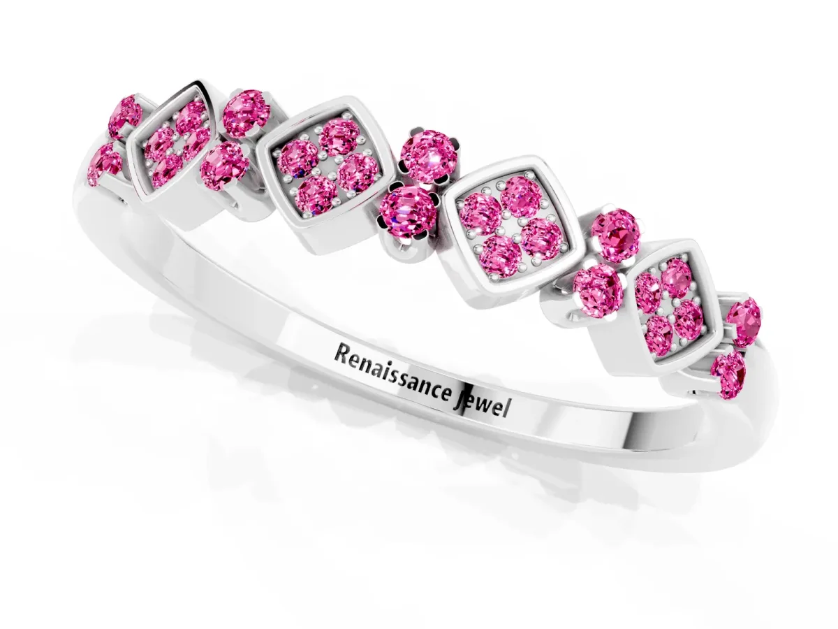 Pavé Cushion Pink Sapphire Cluster Eternity Band with Prong Setting Silver