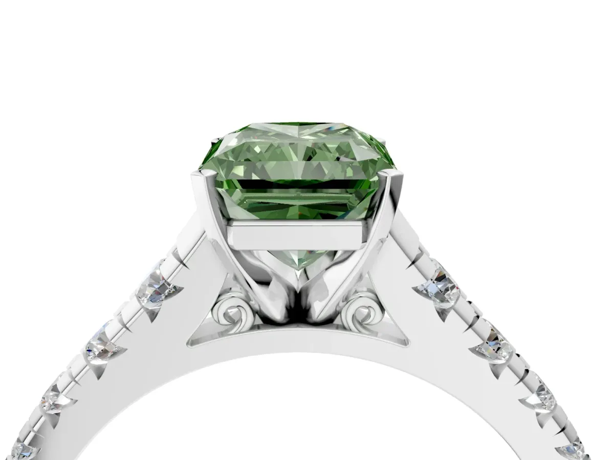 Fancy Green Radiant Cut Diamond Cathedral Solitaire Ring with Round Pavé Band Silver