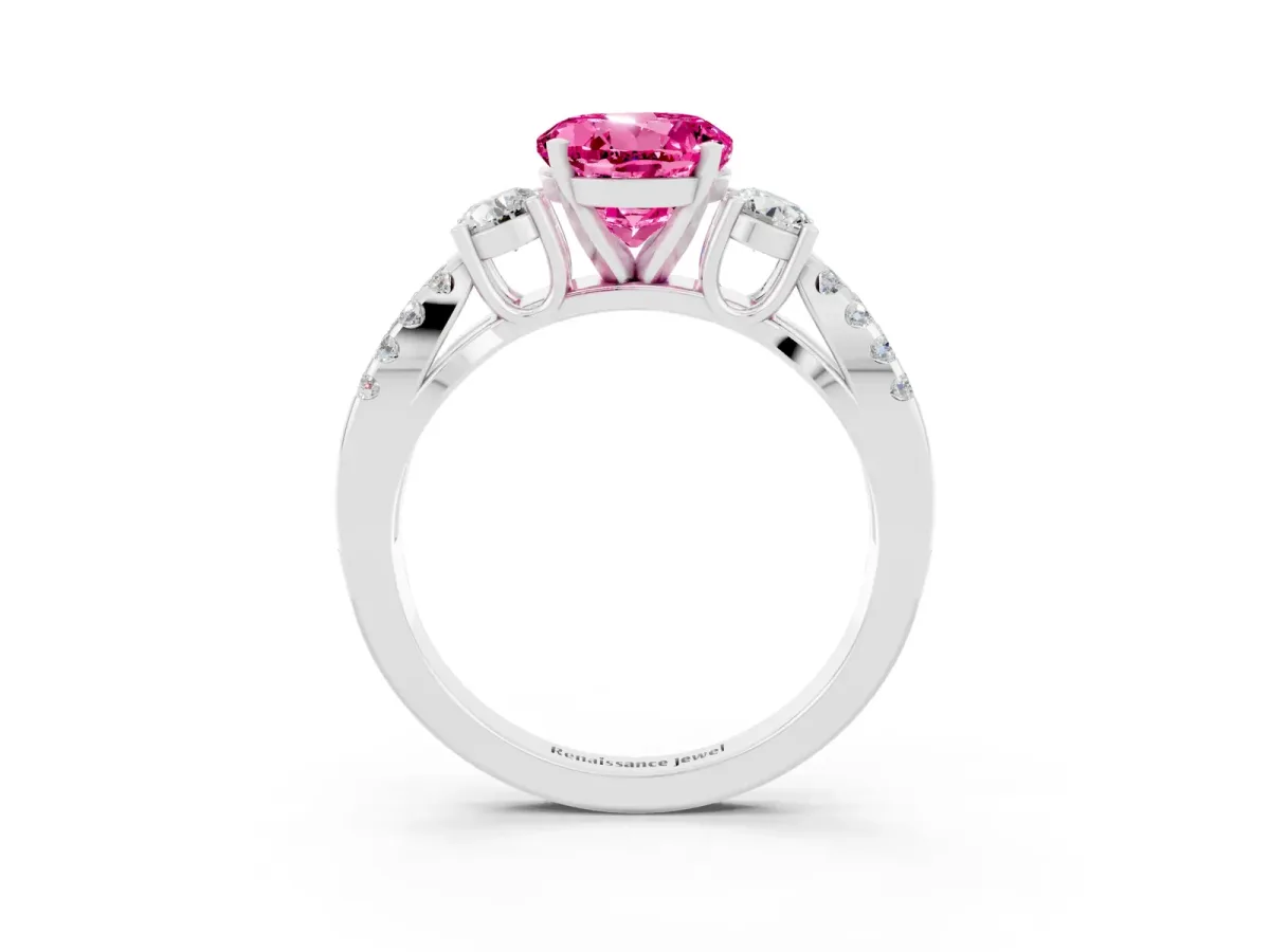Round Cut Pink Sapphire Three-Stone Ring with Pavé Split Shank and Four-Prong Setting Silver