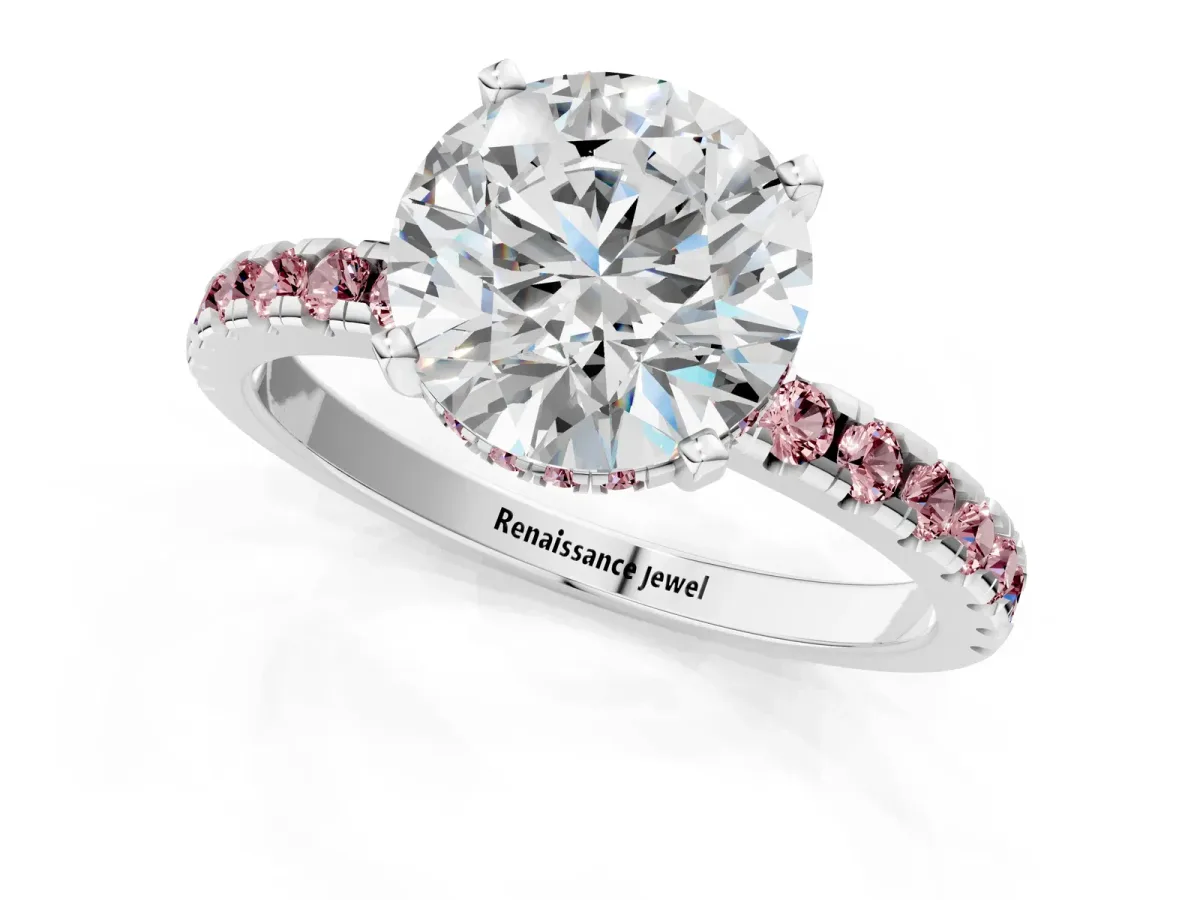 Round Cut Diamond Solitaire Ring with Round Morganite Pavé Band and Four-Prong Setting Silver