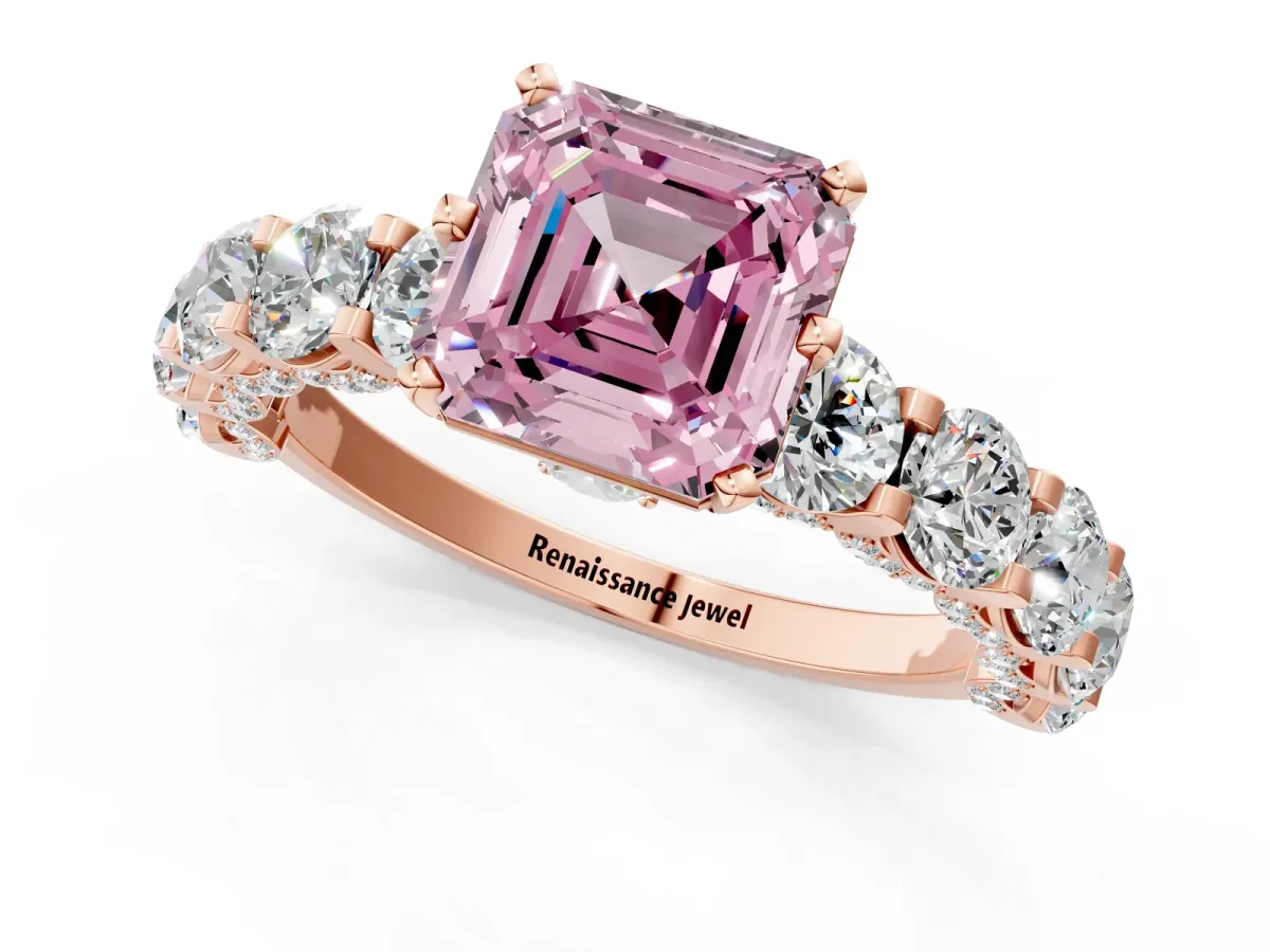 Fancy Pink Asscher Cut Diamond Side Stone Engagement Ring with Four-Prong Setting Rose gold