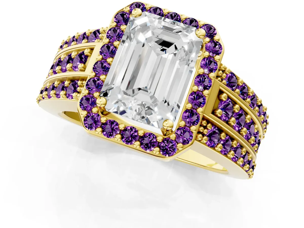 Emerald Cut Halo Diamond Ring with Round Amethyst Split Shank and Prong Setting Yellow gold