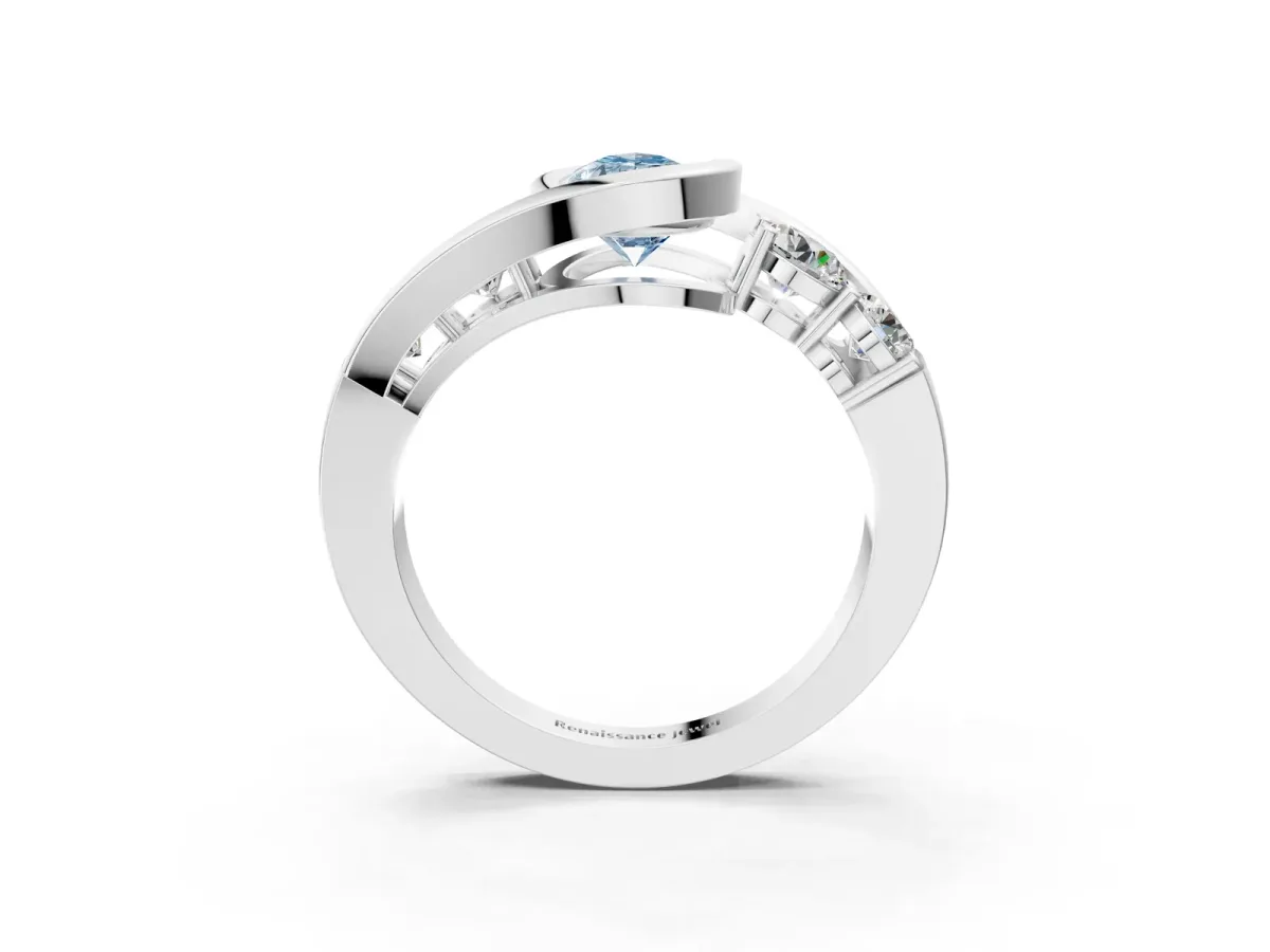 Fancy Blue Bezel Set Pear Cut Diamond Bypass Ring with Round Accents Silver
