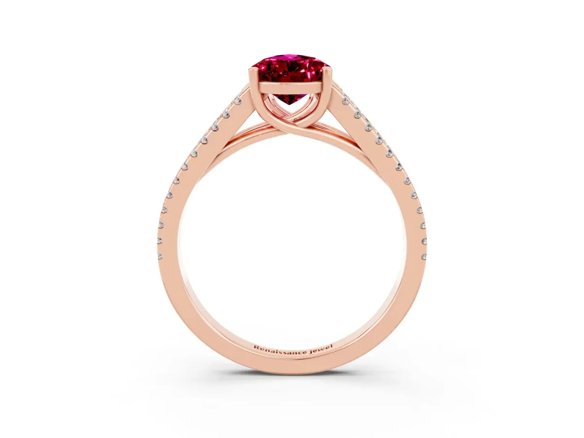 Pear Cut Garnet Solitaire Engagement Ring with Split Shank Pavé Band Rose gold