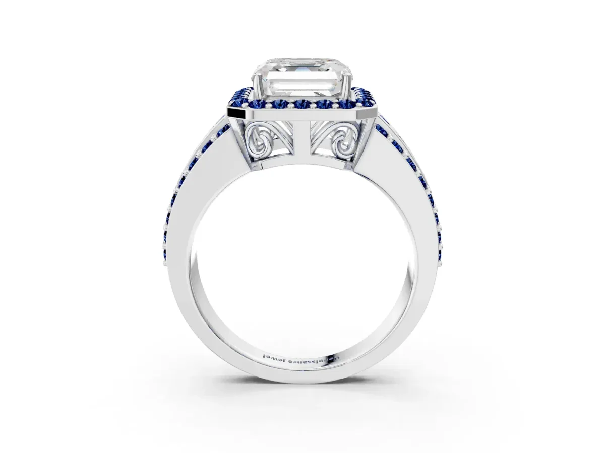 Asscher Cut Halo Diamond Ring with Round Blue Sapphire Split Shank and Prong Setting Silver
