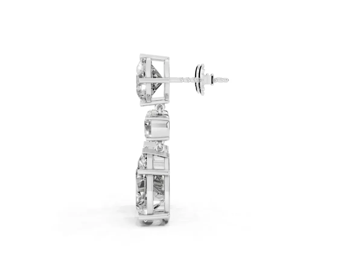 Cushion, Round and Pear Diamond Three-Stone Drop Earrings Platinum