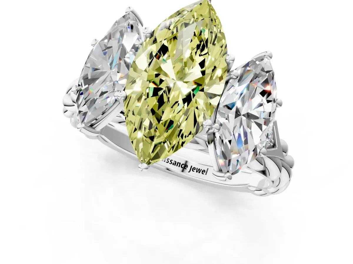 Fancy Yellow Three-Stone Marquise Cut Diamond Braided Band Ring with Four-Prong Setting Platinum