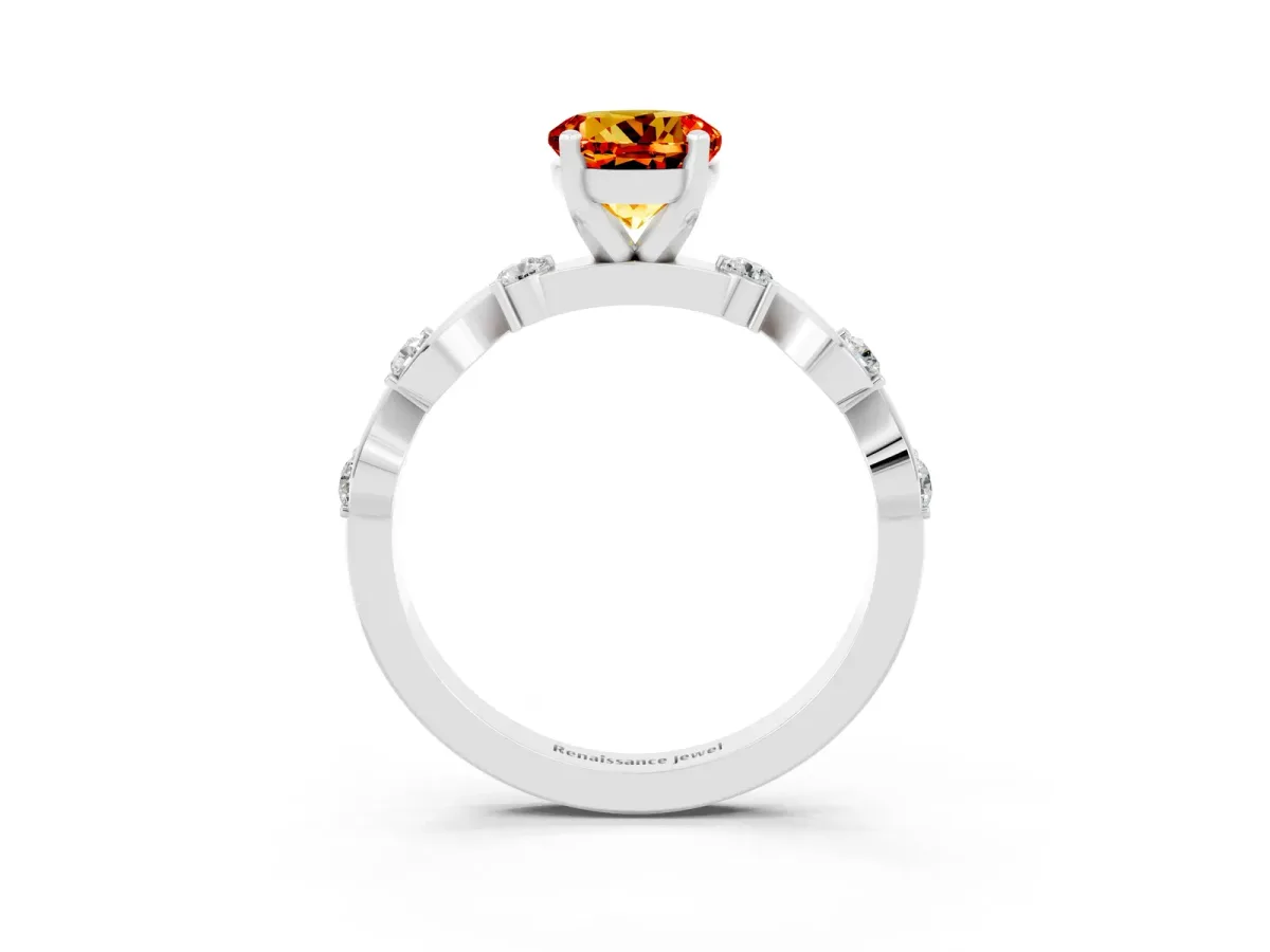 Round Cut Citrine Solitaire Twisted Band with Round Accents and Prong Setting Silver