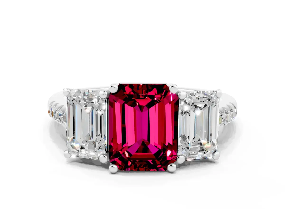 Three-Stone Emerald Cut Garnet Ring with Round Pavé Band and Prong Setting Platinum