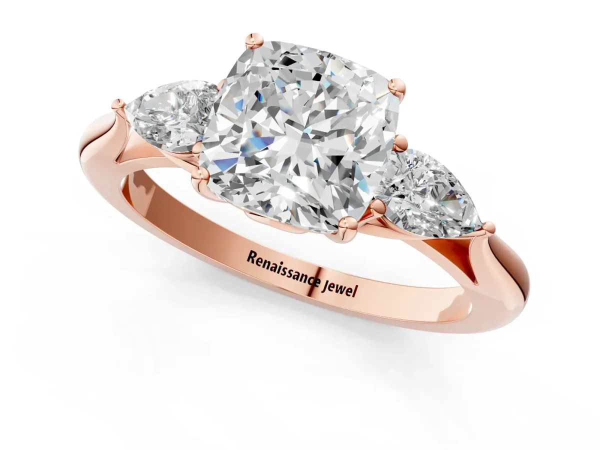 Cushion Cut Diamond Three-Stone Ring with Pear Side Stones and Prong Setting Rose gold