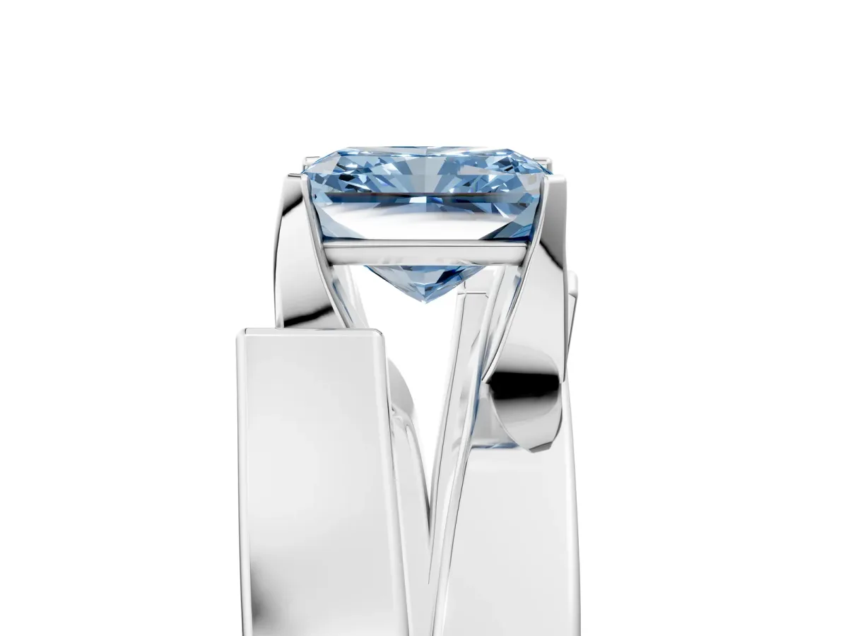 Fancy Blue Modern Tension Set Radiant Cut Diamond Solitaire Wide Band Ring Silver