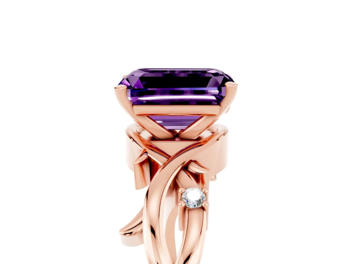 Emerald Cut Amethyst Solitaire Ring with Twisted Band and Prong Setting Rose gold