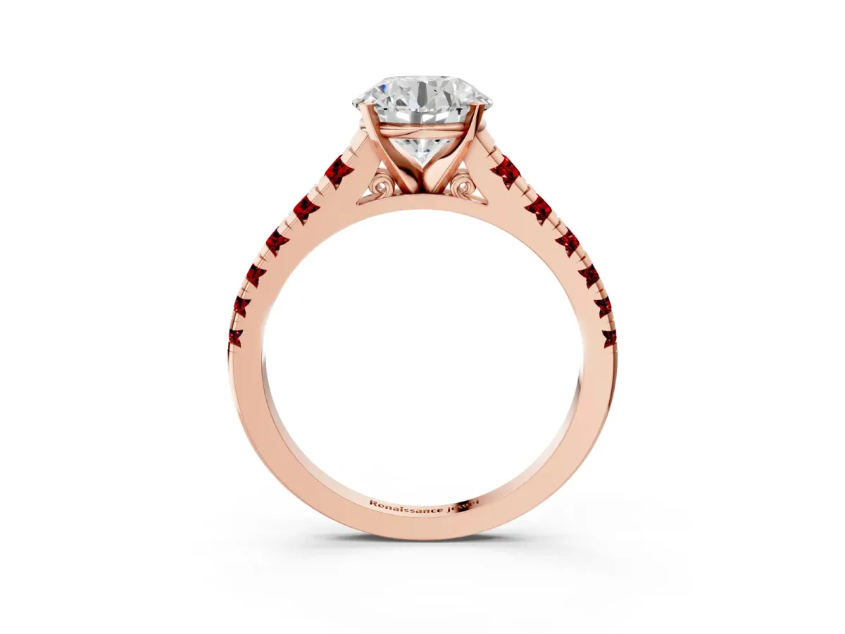 Round Cut Diamond Cathedral Solitaire Ring with Round Ruby Pavé Band Rose gold