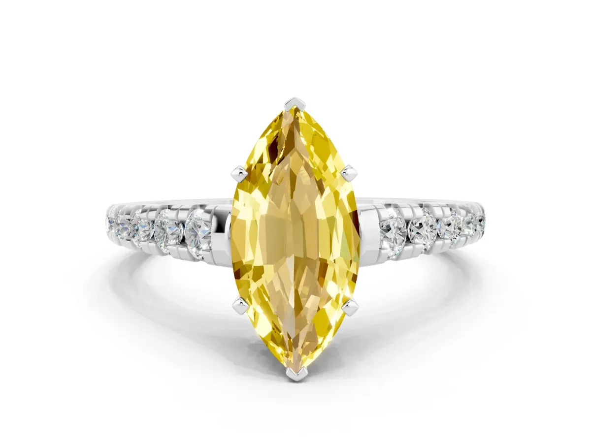 Marquise Cut Yellow Sapphire Cathedral Solitaire Ring with Round Pavé Band Silver
