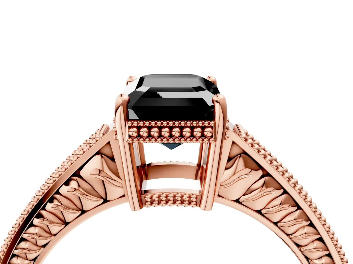 Fancy Black Emerald Cut Cut Diamond Milgrain Pave Band Four-Prong Setting Ring Rose gold