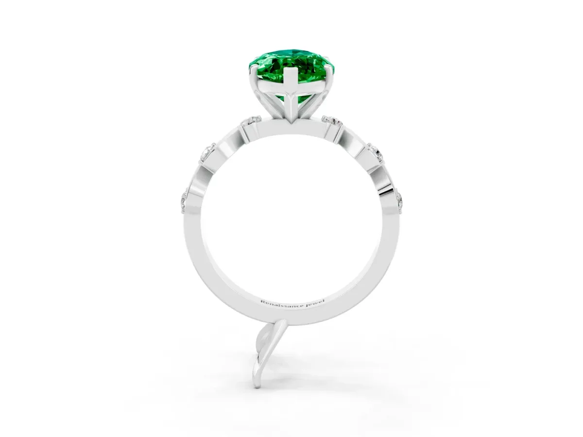 Marquise Cut Emerald Solitaire Twisted Band with Round Accents and Prong Setting Silver