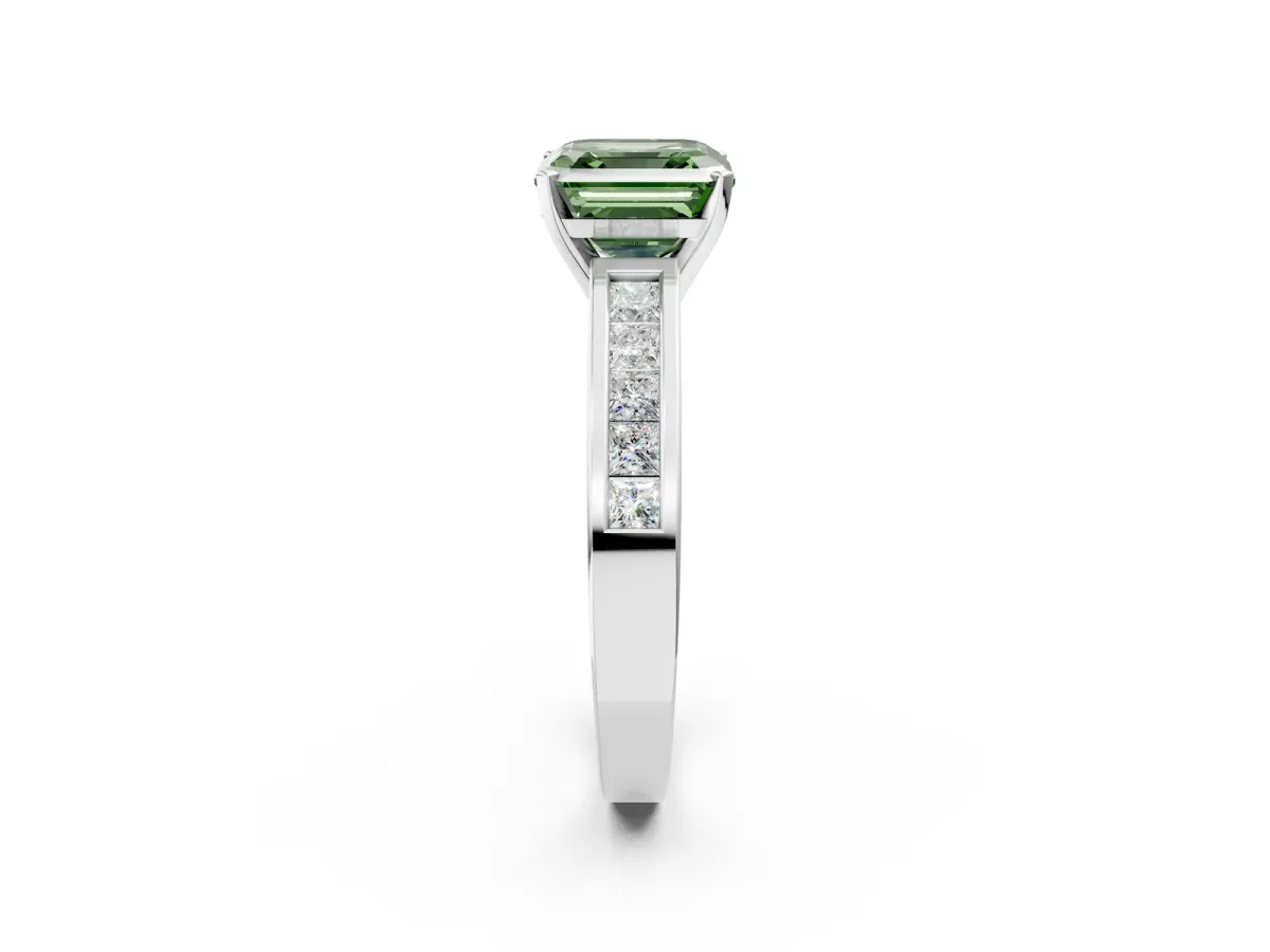 Fancy Green Asscher Cut Solitaire Diamond Ring with Channel-Set Band and Four-Prong Setting Platinum