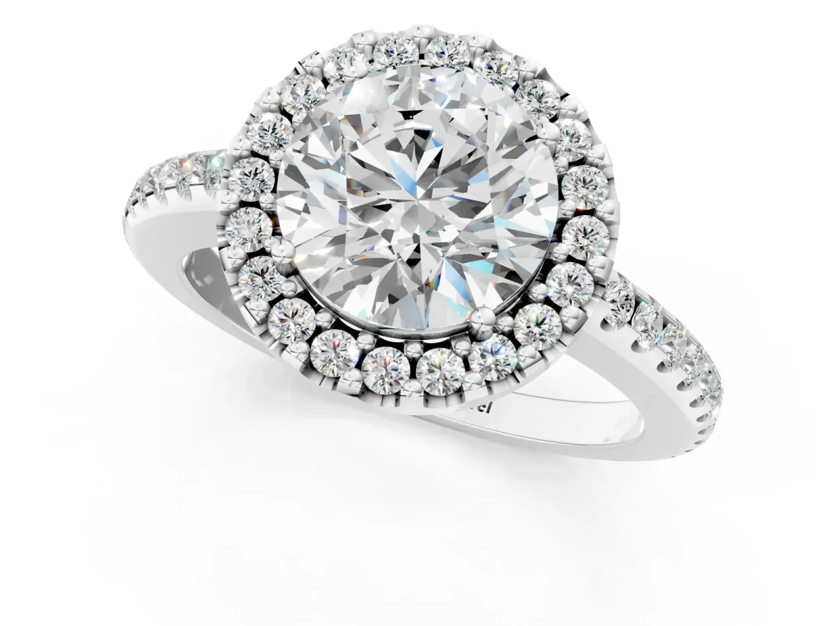 Round Cut Diamond Pavé Halo Ring with Four-Prong Setting White gold