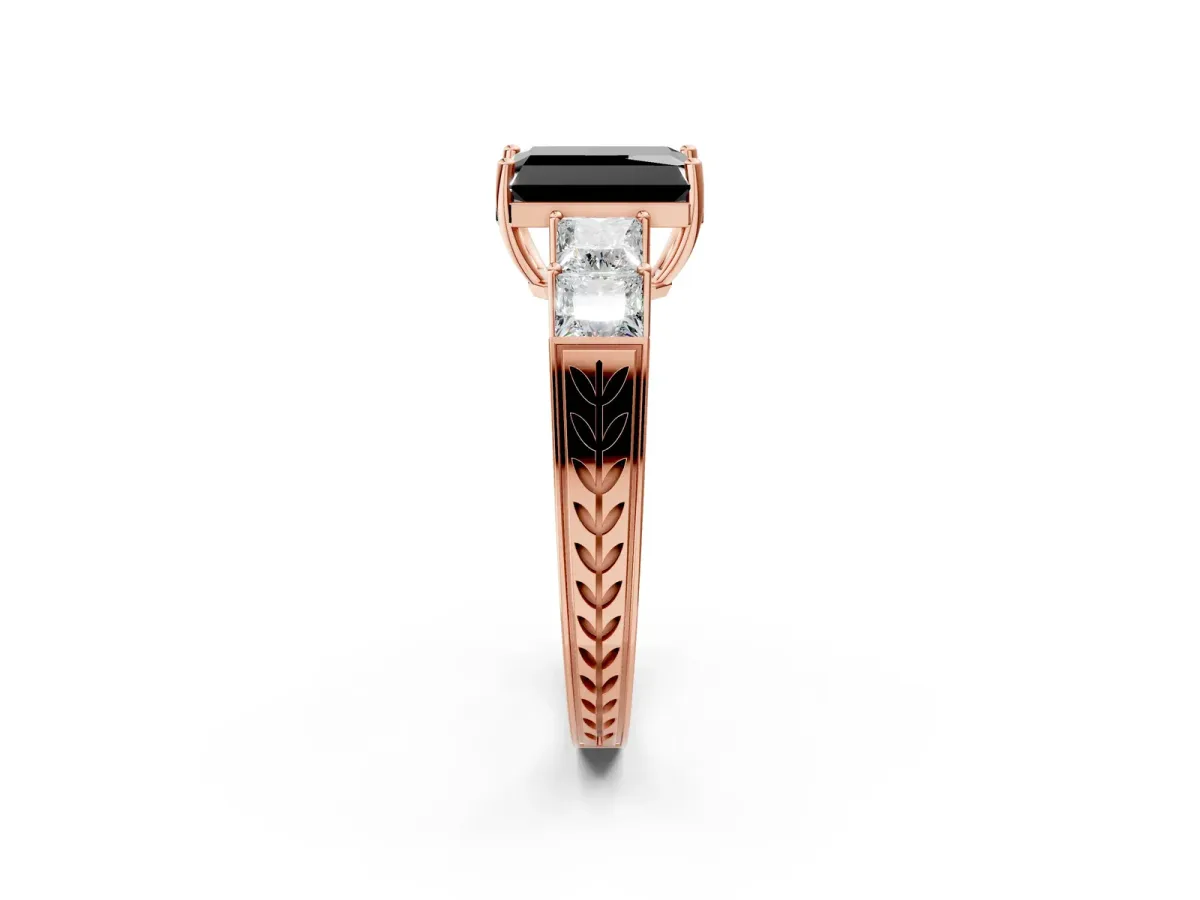 Fancy Black Radiant Cut Solitaire Princess Side Stone Engraved Band Prong Setting Ring Rose gold
