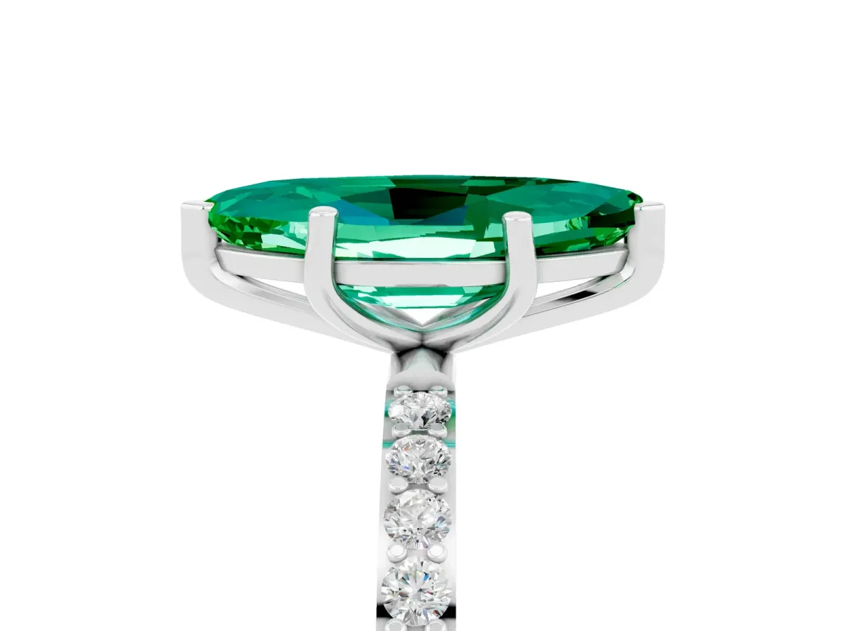 Marquise Cut Emerald Solitaire Ring with Round Pavé Band and Prong Setting Silver